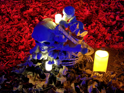 A pile of bones lit by candles.