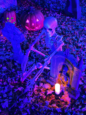 A skeleton sitting between 2 gravestones with a candle, jack-o-lanterns behind him.
