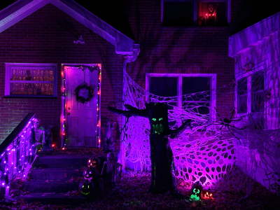 A spooky Halloween tree with spider webs pumpkins and skeletons. 