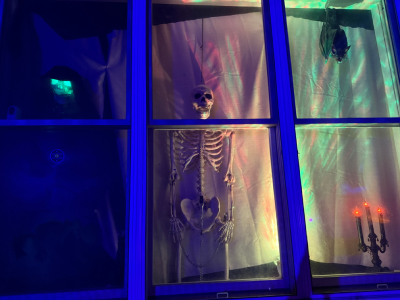 A large window with a necromancer, skeleton pet, and a bat hanging over a candelabra. 