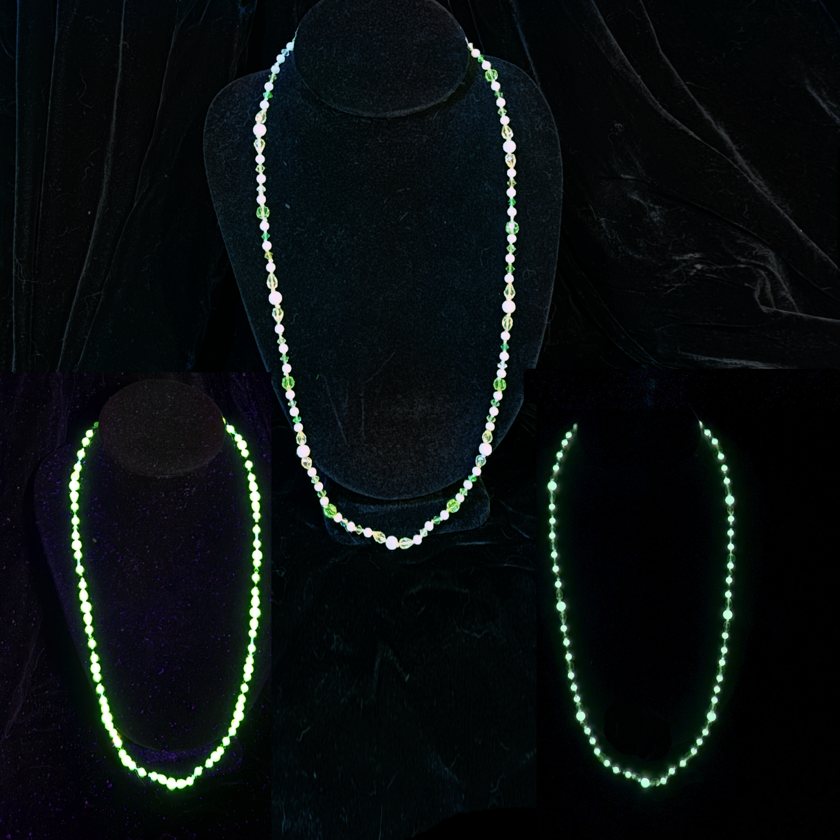 View of the necklace in regular light, blacklight and in the dark.This is a necklace I made with some of the leftover beads from my Green Fairy Halloween prop project (https://spoopylvania.com/GreenFairy). Her jewelry is adjustable so also made to be worn by me. This delicate necklace is made of quality vintage crystal, 'moon pearls' which are glow in the dark stone, vintage glass beads, and some Vaseline glass / uranium glass in various greens, soft white, and pale yellow. It is hand knotted between each bead. It glows like crazy in blacklight and glows in the dark but looks beautiful with lots of sparkle in regular light too. The length is 28 inches from end to end and is adjustable with a hook and tail clasp. It can be worn as a choker or  longer.