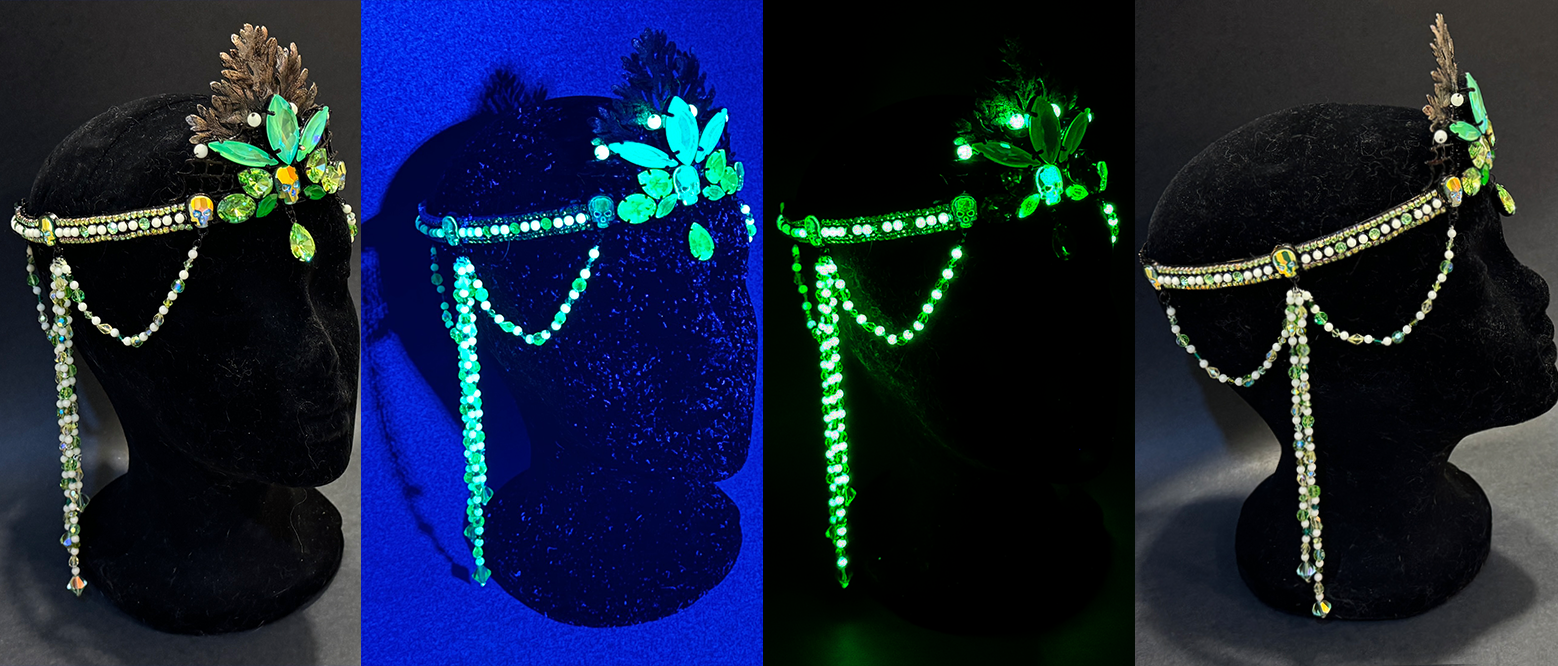 A crown or tiara made from uranium glass, moonpearls which are natural glow in the dark stone, vintage and after market coated crystals that glow in blacklight and in the dark. Shown in regular light, blacklight, and glowing in the dark.