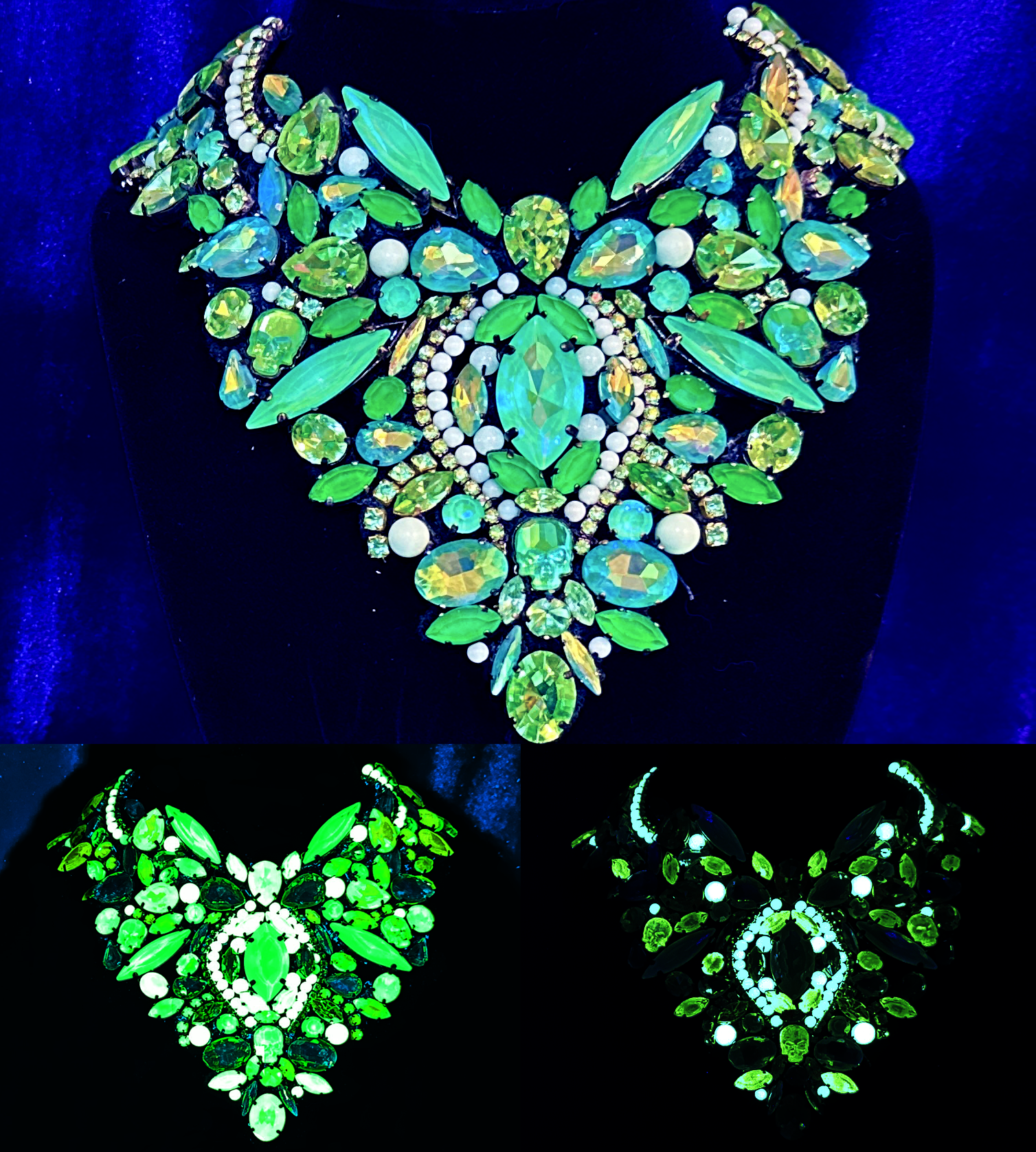 A bib necklace made from uranium glass, moonpearls which are natural glow in the dark stone, vintage and after market coated crystals that glow in blacklight and in the dark. Shown in regular light, blacklight, and glowing in the dark.
