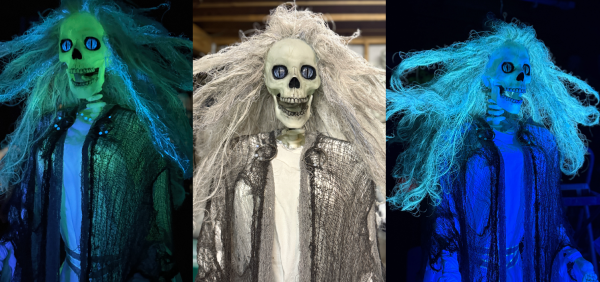 A screaming Banshee wearing tattered white and mesh. She is glowing in the dark, in regular light, and in blacklight.