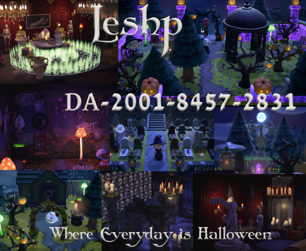 Several overlapping images of a spooky goth halloween island in Animal Crossing New Horizons. Text say Leshp DA-2001-8457-2831 Where Everyday is Halloween 
