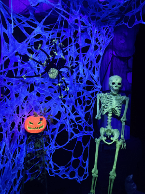 A blacklight Haloween scene. Th back drop is spiderwebs, there is a glowing Jackolantern on a stand, a spider on the webs, and a green glowing skeleton waving hello.