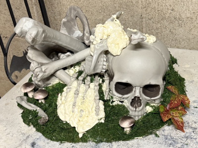 WIP bone pile with moss and mushrooms on a table with cider  blocks in the background. 