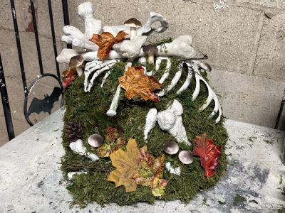 a mossy bone pile with mushrooms and leaves sitting on a table in front of a cinder block wall.
