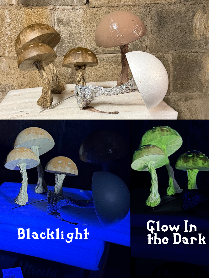 Some mushrooms made with foam and foil in regular light, blacklight and glowing in the dark. 