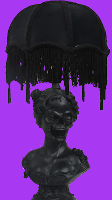 a lamp that is a skull lady bust with a fancy victorian black lampshade