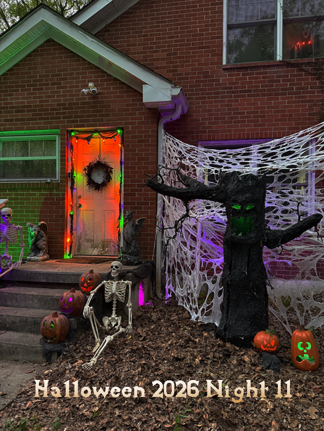 Spooky tree next to a porch with Halloween lights, skeletons, and jack o lanterns. Text says Halloween 2026 Night 11