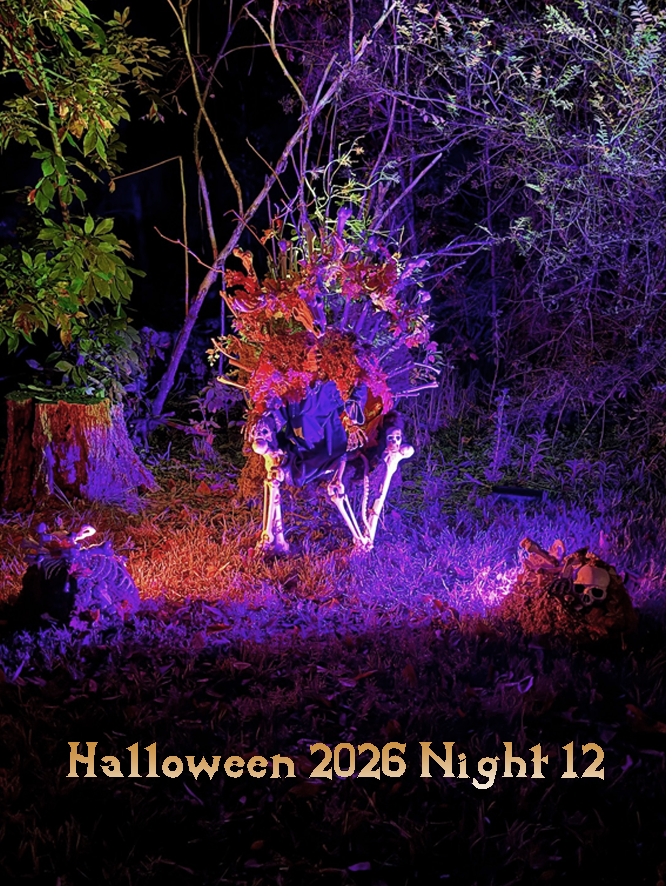 Deer skull forest god sitting on a thone of moss and leaves and bleaching bone with dazzeling lights of autumn fae.