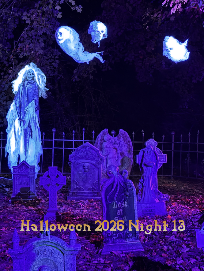 A spooky graveyard with a banshee and graveyard spirits flying around..