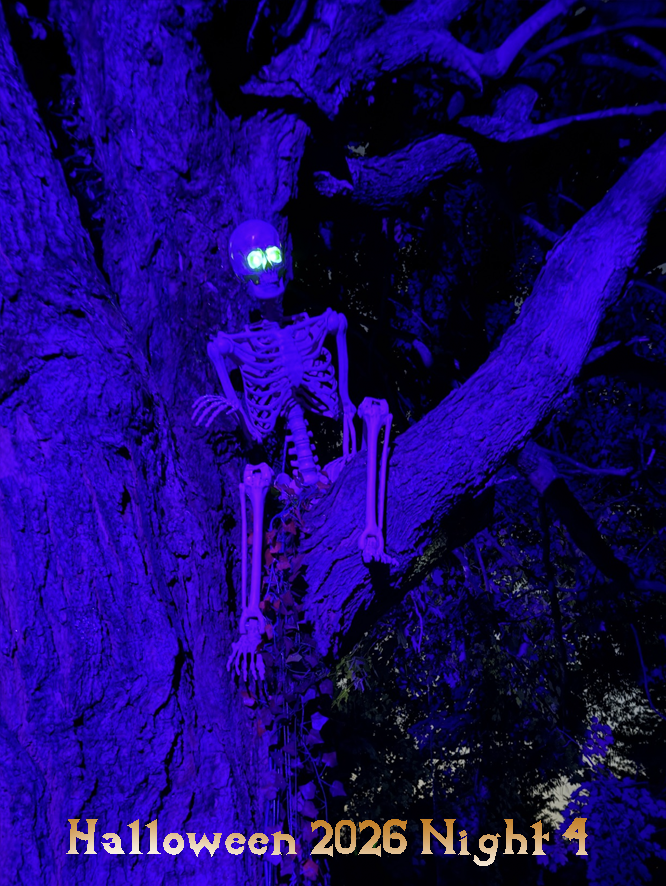 A skeleton with green glowing eyes sitting in a tree. Text says Halloween 2026 Night 4