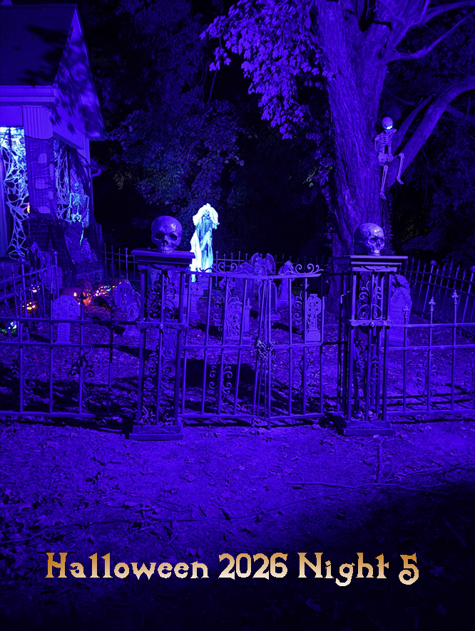 WIP Halloween graveyard with banshee.  Text says Halloween 2026 Night 5