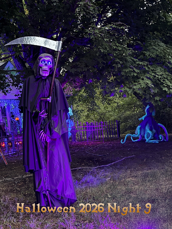 Death with his scythe and glowing blue eyes. Behind him a graveyard and off to the right in the background an octomermaid.   Text says Halloween 2026 Night 9
